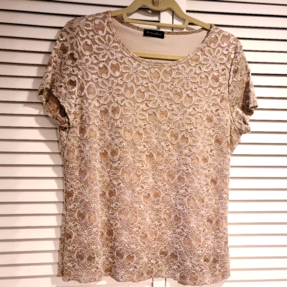 Brittany Black - Holiday Sparkle Glittery Beige top, Lace/cami layered L/… - Picture 1 of 6